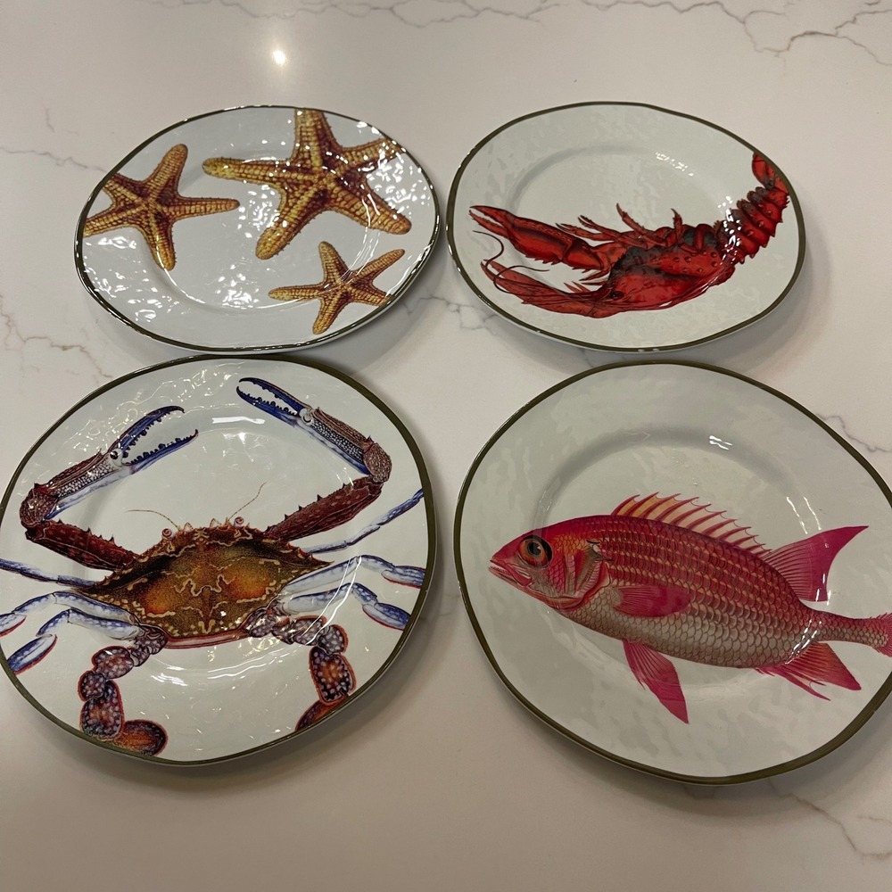 Pottery Barn Melamine Sea Life Salad Plates Set of 4 Crab Lobster Fish Starfish